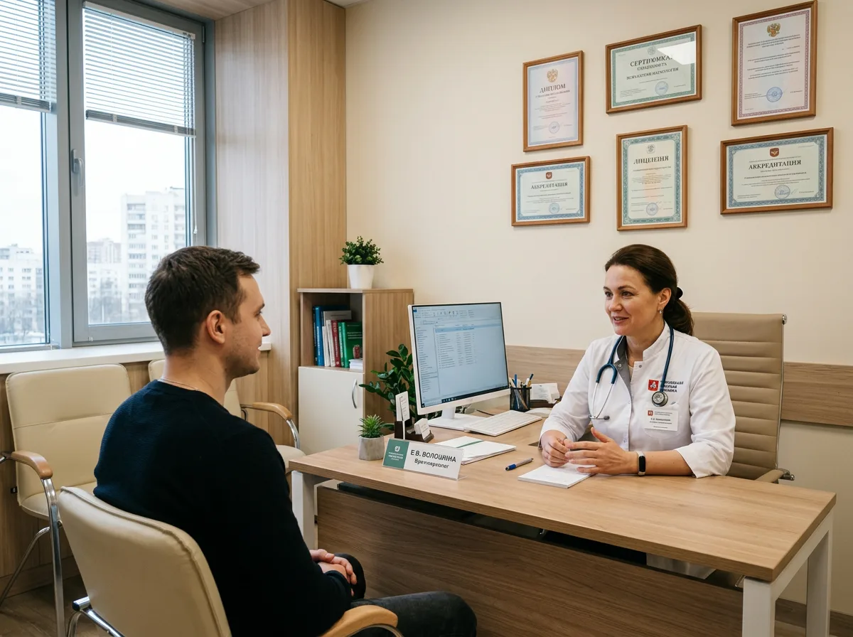Офис наркологической клиники в Москве — светлый современный медицинский кабинет, стол врача, дипломы на стене, атмосфера профессионализма и доверия